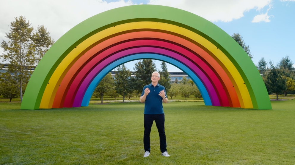 Apple Chef Tim Cook vor einem Regenbogen