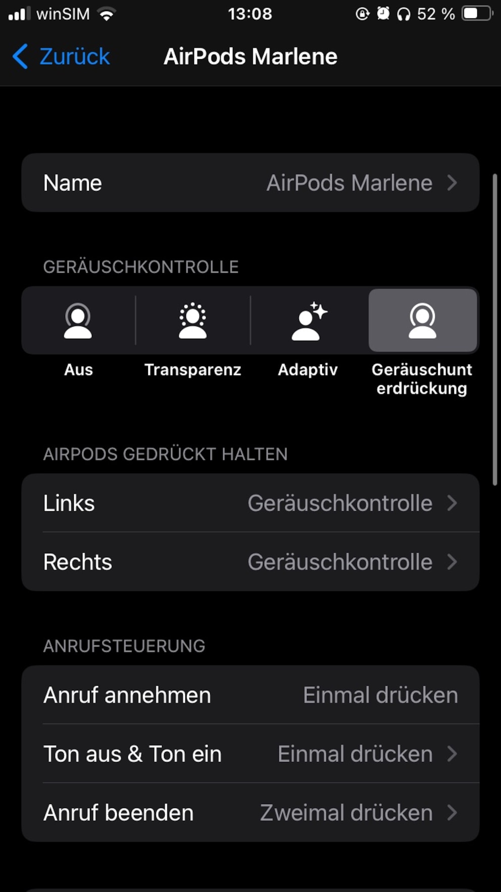 Screenshot AirPods 4 Einstellungen iPhone