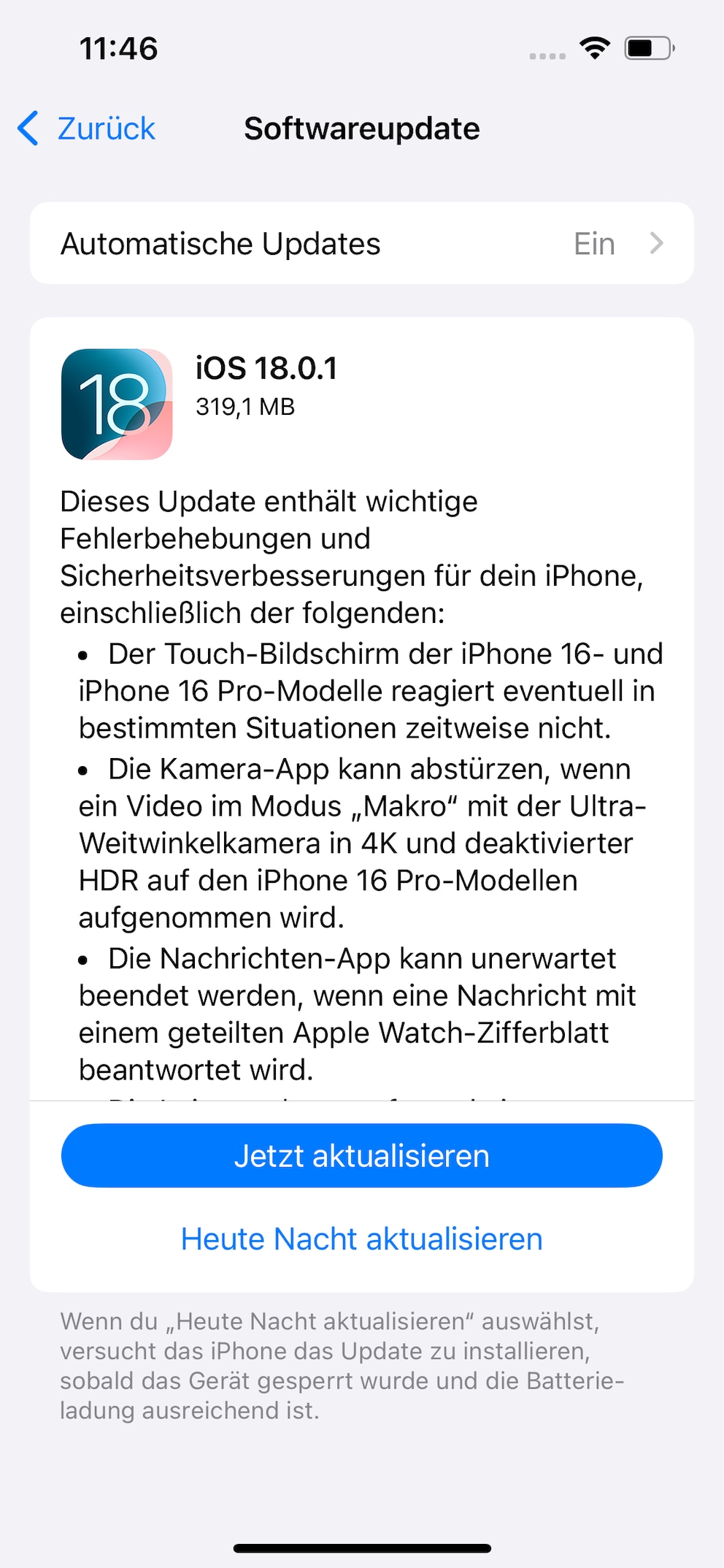 Mit iOS 18.0.1 rollt Apple ein wichtiges Update aus