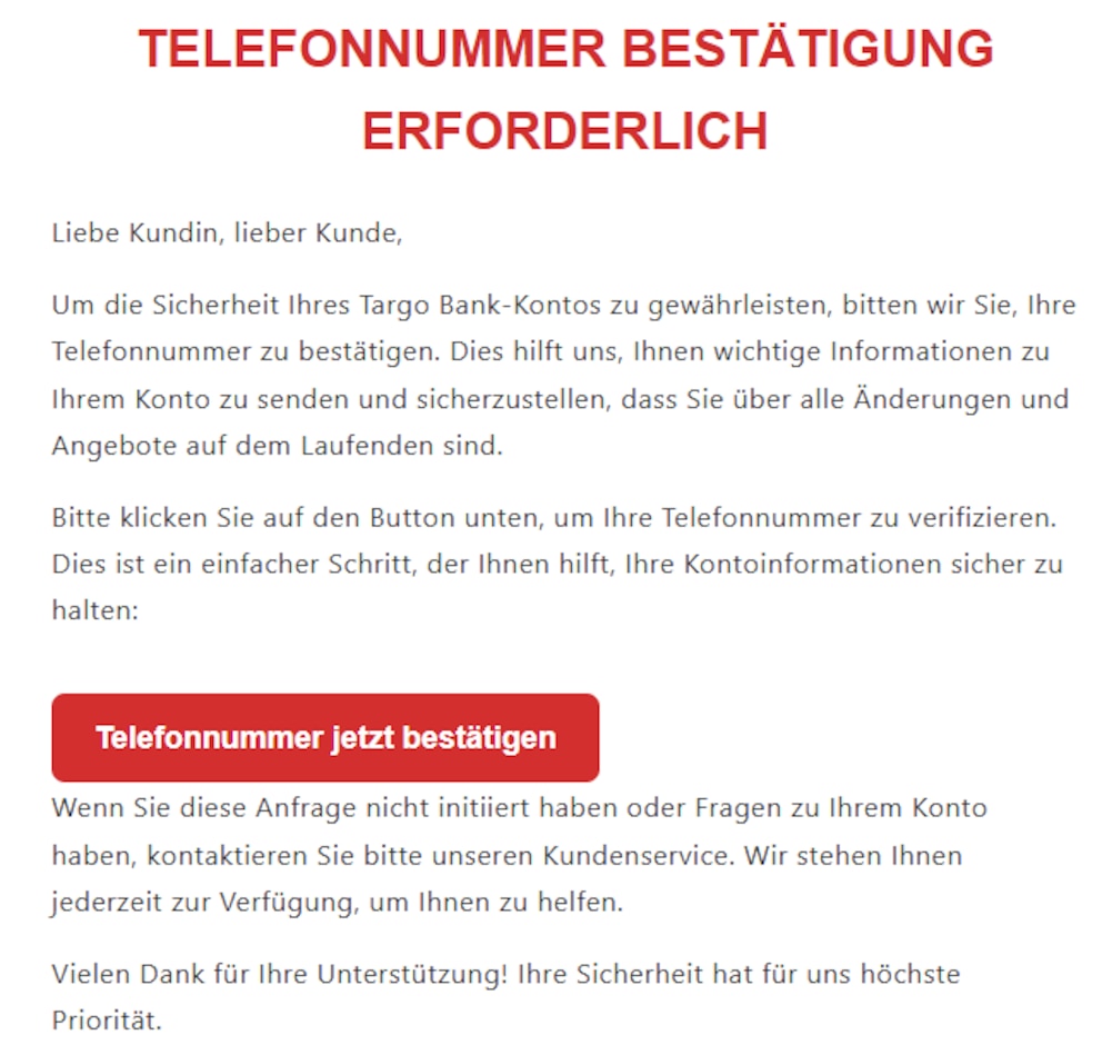 Die angebliche Mail der Targobank scheint auf den ersten Blick echt zu sein.