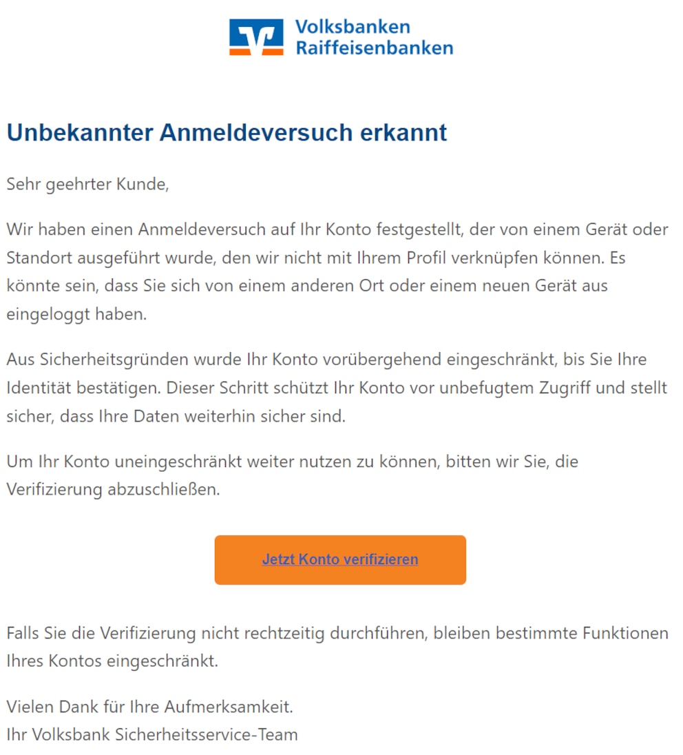 Die angebliche E-Mail der Volksbanken Raiffeisenbanken