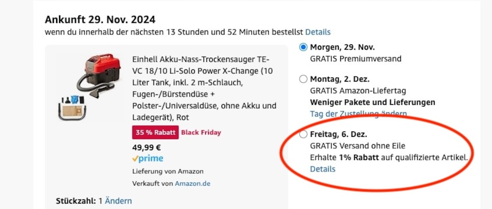 Beispielhafte Bestellübersicht mit Amazons „Versand ohne Eile“