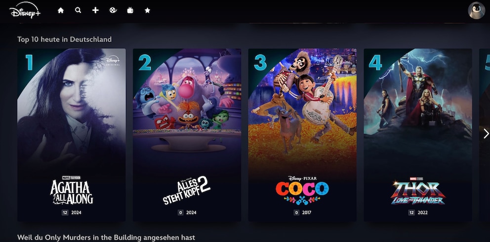 Die neuen Top-10-Listen bei Disney+ in der Browser-Ansicht