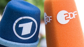 Senderlogos von ARD und ZDF auf Mikrofonen