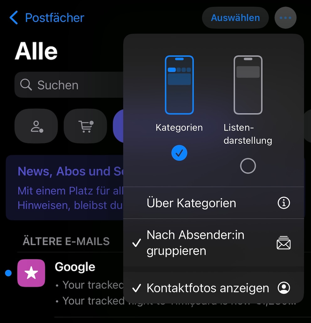 Erweiterte Ansichtsoptionen in der Mail-App