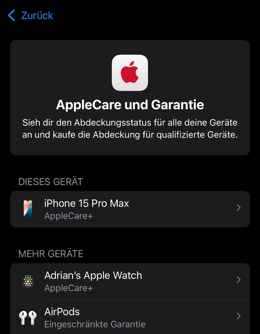 Informationen zu AppleCare und Garantie in den Einstellungen