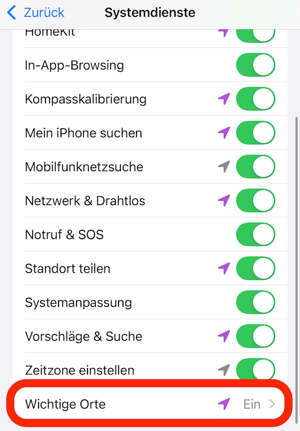 Wichtige Orte auf iPhone