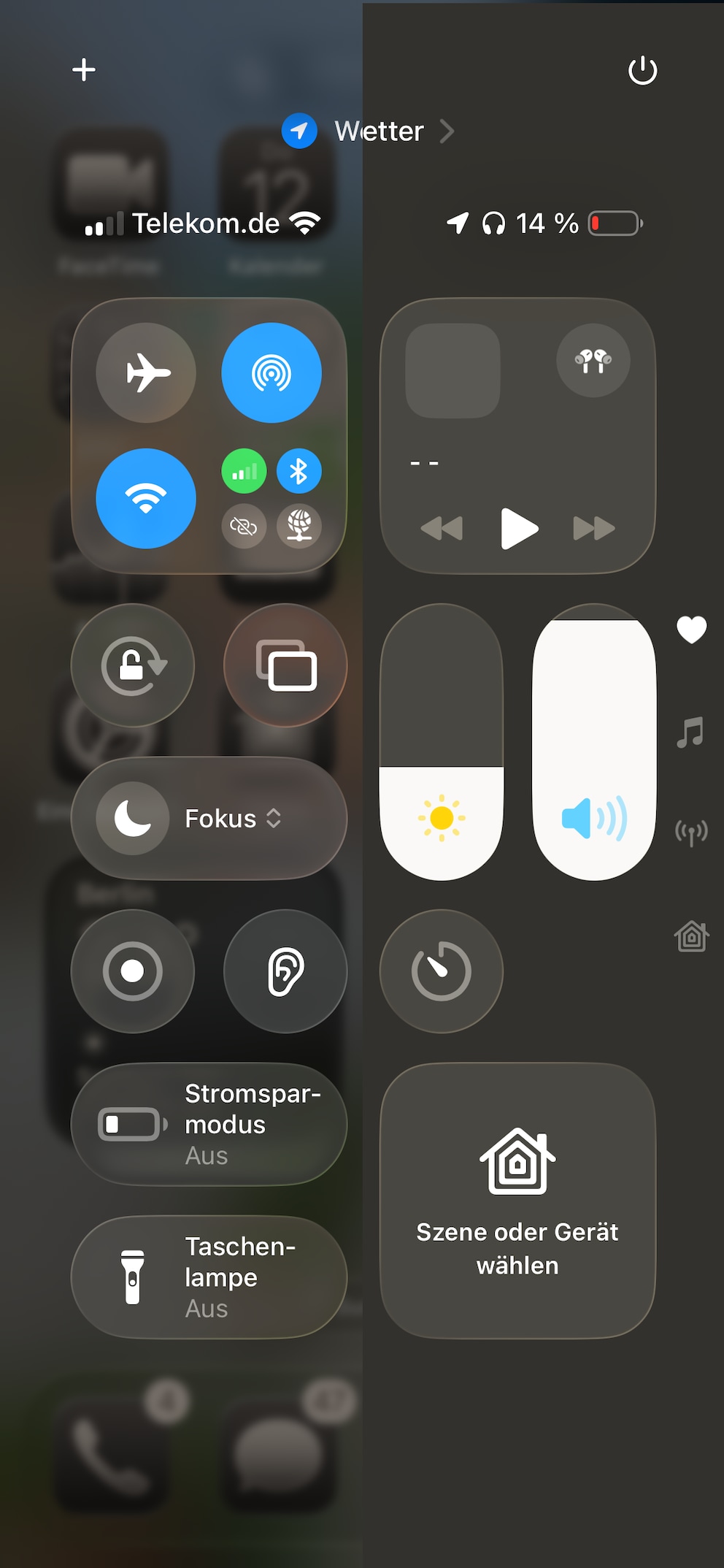 The Control Center in iOS 26 with Liquid Glass normal (left) and reduced transparency (right)
