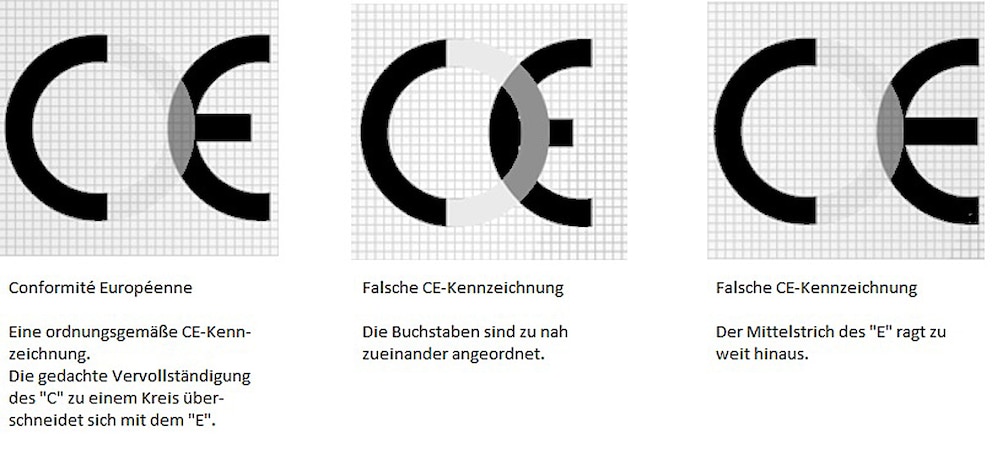 Links das echte CE-Zeichen, mittig und links Fälschungen
