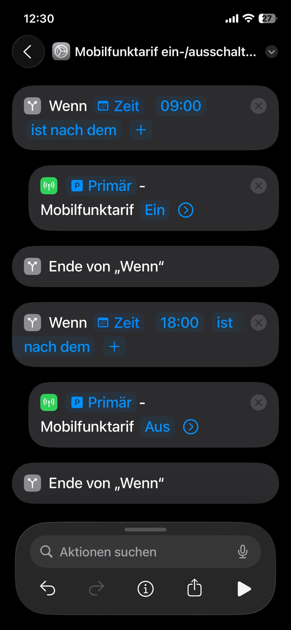 Looks more complicated than it is: The automated SIM shutdown by schedule in the Shortcuts app.
