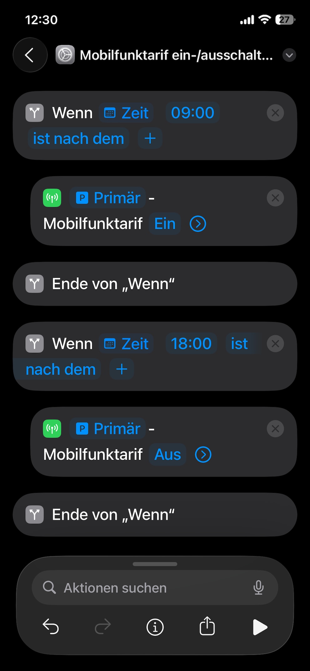 Sieht komplizierter aus, als es ist: Die automatisierte SIM-Abschaltung nach Zeitplan in der Kurzbefehle-App.