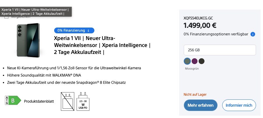 Many devices–like the current flagship Xperia 1 VII–are out of stock on the Sony Germany site