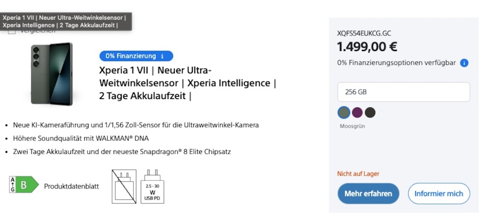 Viele Geräte – wie hier das aktuelle Flaggschiff Xperia 1 VII – sind auf der Sony-Deutschland-Seite nicht auf Lager