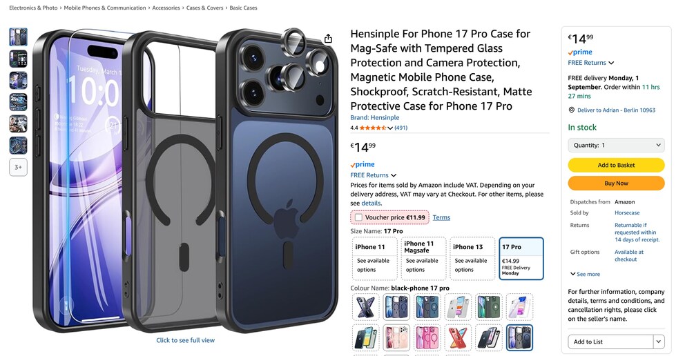 Cases for the iPhone 17 are also available on Amazon–here for the Pro and even with Prime shipping