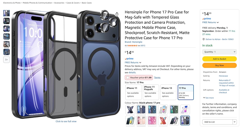 H&uuml;llen f&uuml;r das iPhone 17 gibt es auch bei Amazon &ndash; hier f&uuml;r das Pro und sogar mit Prime-Versand