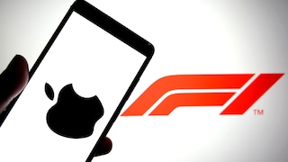 Apple Logo auf einem Handy und F1 Logo im Hintergrund