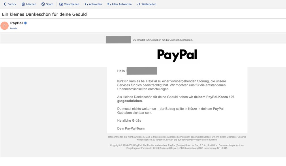 PayPal informs about the credit via email