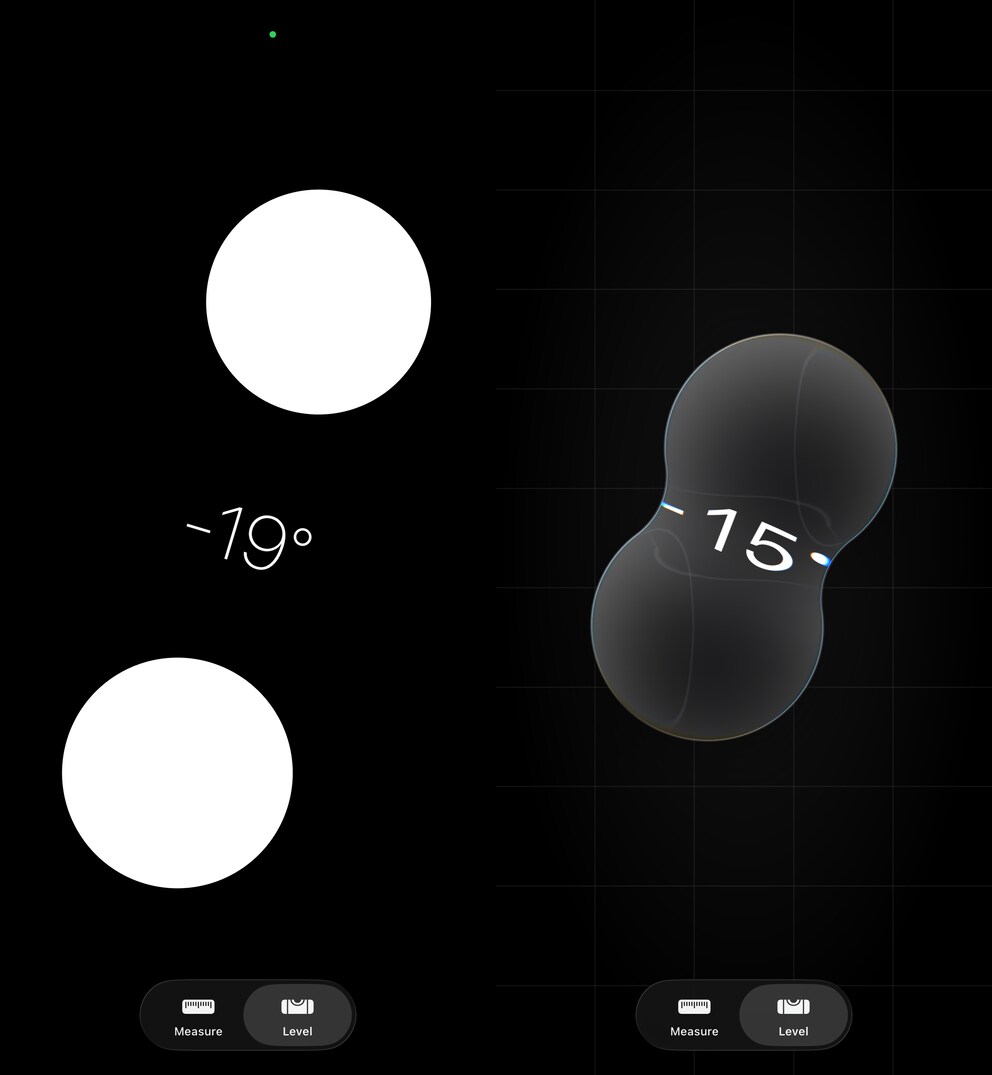 Left: the old design of the level tool, Right: the new design in iOS 26.2 Beta 2