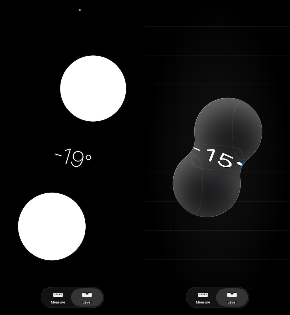 Links das alte Design der Wasserwaage, rechts das neue in iOS 26.2 Beta 2