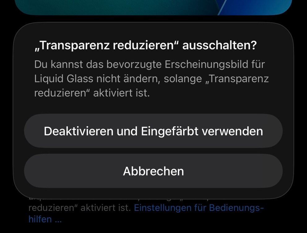 The choice between 'Reduce Transparency' and 'Tinted' in iOS 26.2 Beta 3
