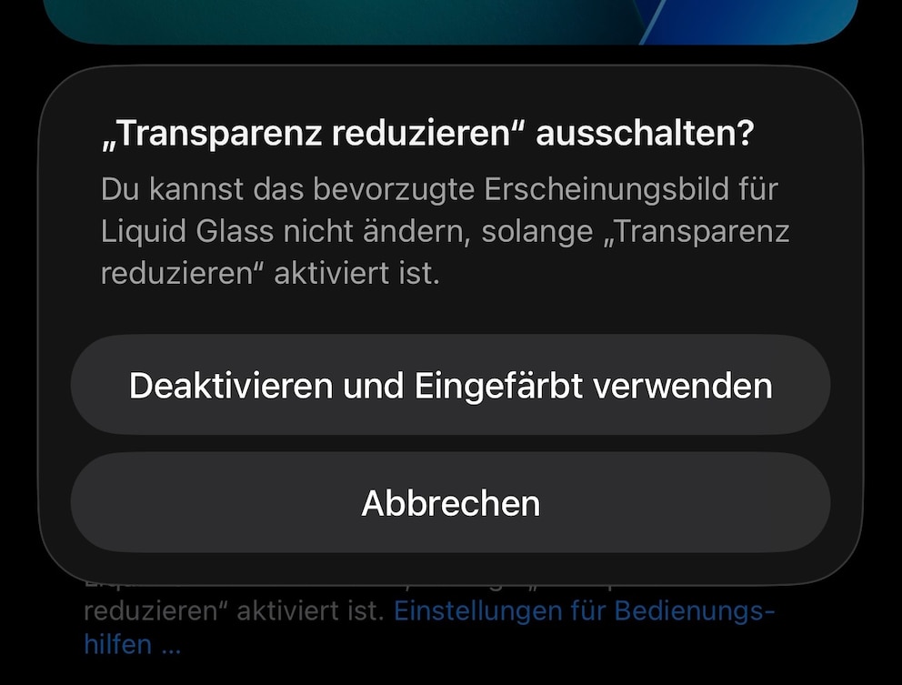 Die Qual der Wahl zwischen &bdquo;Transparenz reduzieren&ldquo; und &bdquo;Eingef&auml;rbt&ldquo; in iOS 26.2 Beta 3