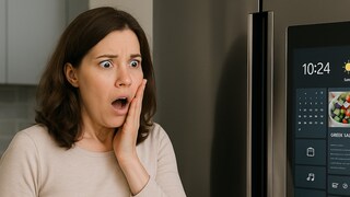 Frau steht schockiert vor ihrem smarten Kühlschrank