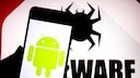 Smartphone mit Android Logo. Spinne im Hintergrund.