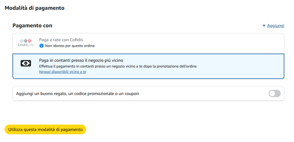 The option 'Paga in contanti' is available among the payment methods