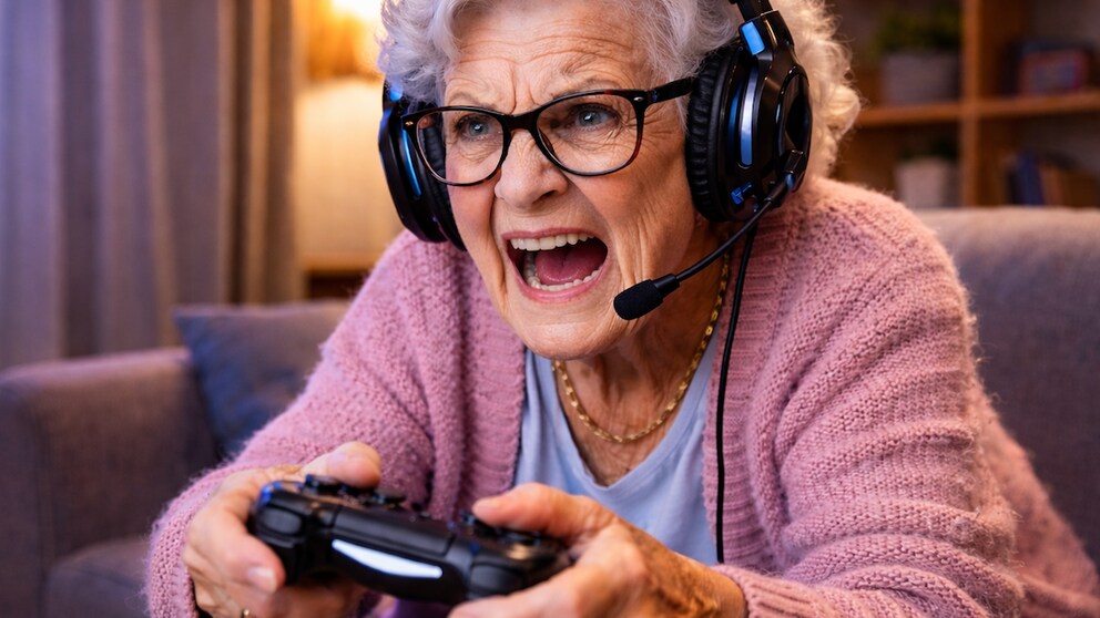 KI-generiertes Bild einer Seniorin, die Videospiele spielt