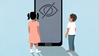 Illustration von zwei Kindern vor gesichertem Smartphone.