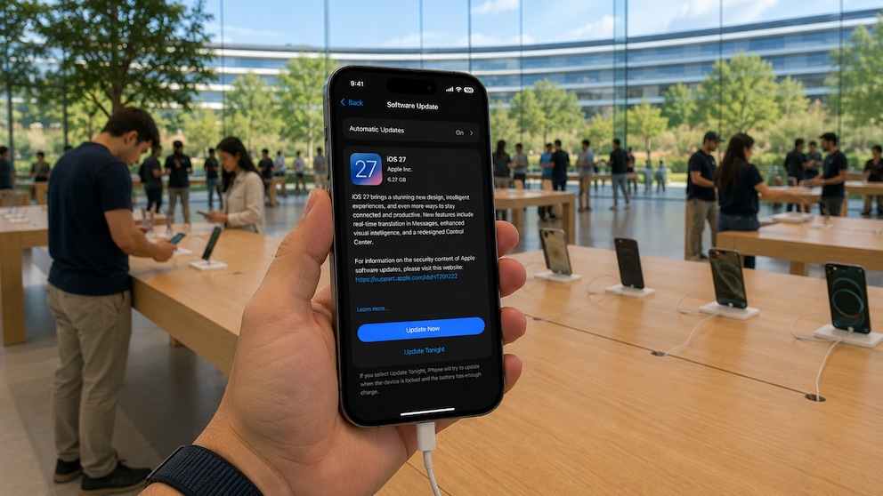 iPhone mit iOS-27-Updateseite im Apple-Hauptquartier (KI-generiert)