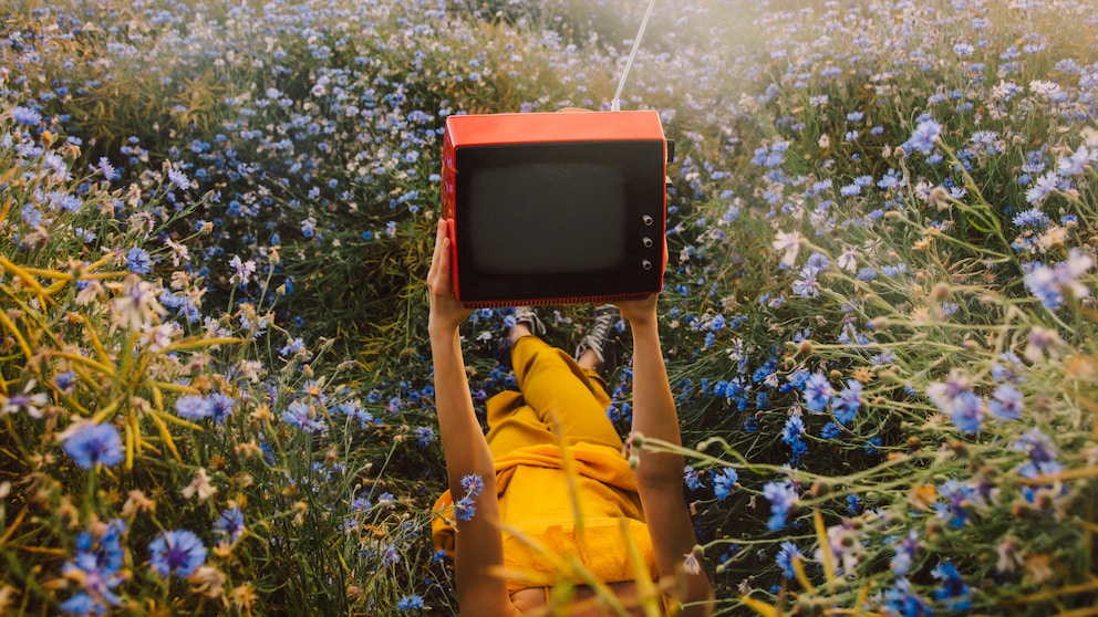 Person liegt in einer Wiese mit zahlreichen blauen Blumen und hält einen roten Fernseher mit Antenne vor das Gesicht. Die Person trägt gelbe Kleidung und liegt auf dem Rücken. Im Hintergrund sind ein Feld, Bäume und mehrere Windräder zu sehen. Das Bild ist bei warmem Tageslicht aufgenommen.