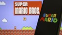 Smartphone mit Super Mario-Logo im Vordergrund. Im Hintergrund Das Super-Mario-Bros.-Logo.