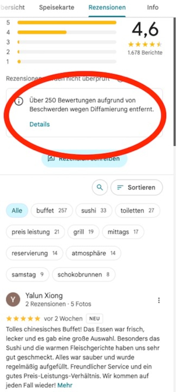 Hinweis &uuml;ber gel&ouml;schte Rezensionen bei Google