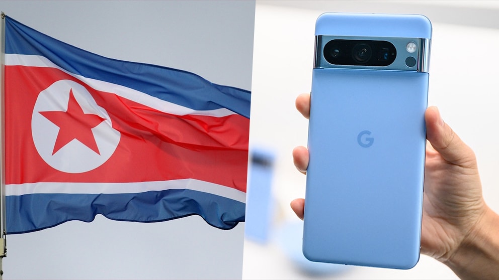 Nordkoreanische Flagge, rechts das Google Pixel 8 Pro