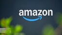 Amazon-Logo in wei&szlig;er Schrift auf dunkelblauem Hintergrund. Unter dem Schriftzug befindet sich der blaue Pfeil des Unternehmens. Im Vordergrund sind unscharfe gr&uuml;ne Pflanzen zu sehen.
