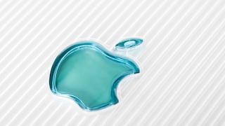 Nahaufnahme eines türkisfarbenen Apple-Logos auf einer weißen, fein geriffelten Oberfläche. Das Logo ist leicht transparent und mittig im Bild platziert.