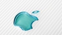 Nahaufnahme eines t&uuml;rkisfarbenen Apple-Logos auf einer wei&szlig;en, fein geriffelten Oberfl&auml;che. Das Logo ist leicht transparent und mittig im Bild platziert.
