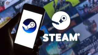 Auf einem Smartphone im Vordergrund ist das Steam-Logo zu sehen. Im Hintergrund erscheint unscharf ein großer Bildschirm mit weiteren Steam-Logos, Spielkacheln und dem Schriftzug „STEAM“ in weißen Buchstaben.