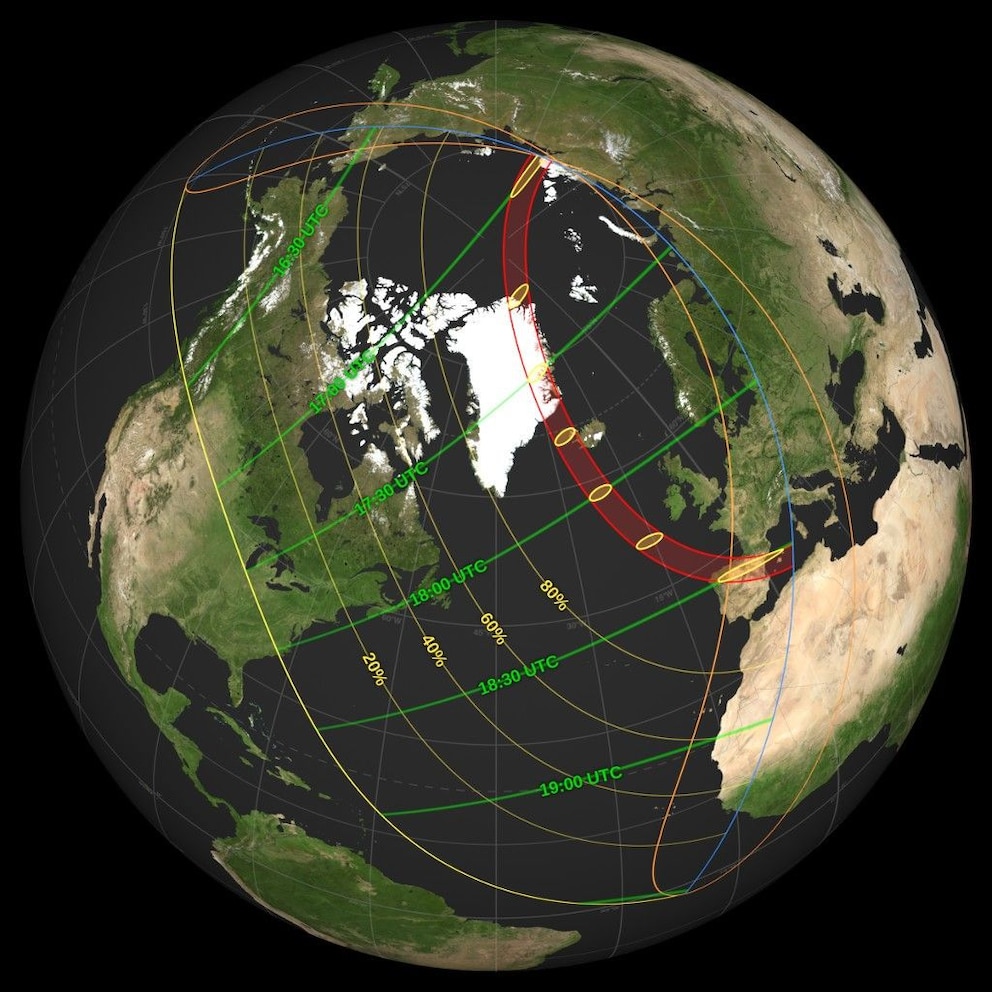 Der Verlauf der Totalit&auml;tszone der Sonnenfinsternis am 12. August 2026
