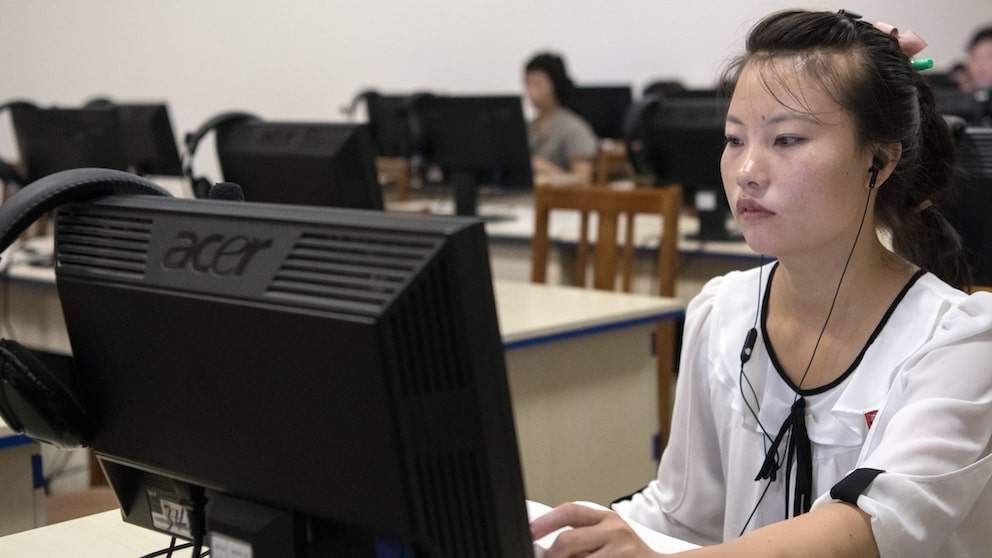 Nordkoreanerin vor einem Computermonitor
