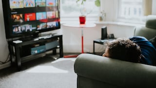 Person liegt auf einem Sofa und blickt auf einen Fernseher in einem hellen Wohnzimmer. Auf dem Bildschirm sind verschiedene Streaming-Inhalte in einer Menüansicht zu sehen. Vor dem Fenster steht ein kleiner runder Tisch mit einer Pflanze in rotem Topf. Neben dem Sofa und dem Fernseher befinden sich weitere Möbel und elektronische Geräte. Tageslicht fällt durch die großen Fenster in den Raum.