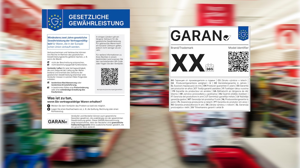 Das GARAN-Label (rechts) informiert über die Garantiedauer