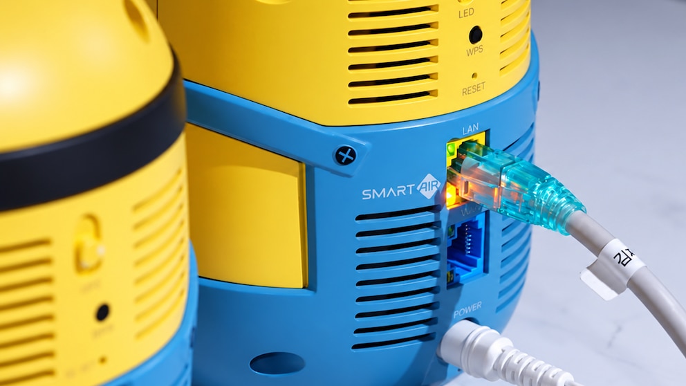 Nahaufnahme der R&uuml;ckseite eines gelb-blauen Routers im Minion-Design. In einen mit &bdquo;LAN&ldquo; beschrifteten Anschluss ist ein Netzwerkkabel eingesteckt. Unterhalb befinden sich weitere Anschl&uuml;sse sowie ein eingestecktes Stromkabel. Auf dem Geh&auml;use sind die Beschriftungen &bdquo;LED&ldquo;, &bdquo;WPS&ldquo;, &bdquo;RESET&ldquo; und &bdquo;POWER&ldquo; zu sehen. Links im Vordergrund ist ein weiterer Router desselben Designs unscharf angeschnitten. Die Kontrollleuchten am Netzwerkanschluss leuchten gr&uuml;n und orange.