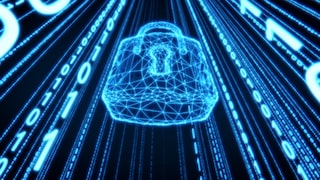 Ein digitales Sicherheits-Schloß umgeben von Binärcodes (Einsen und Nullen)