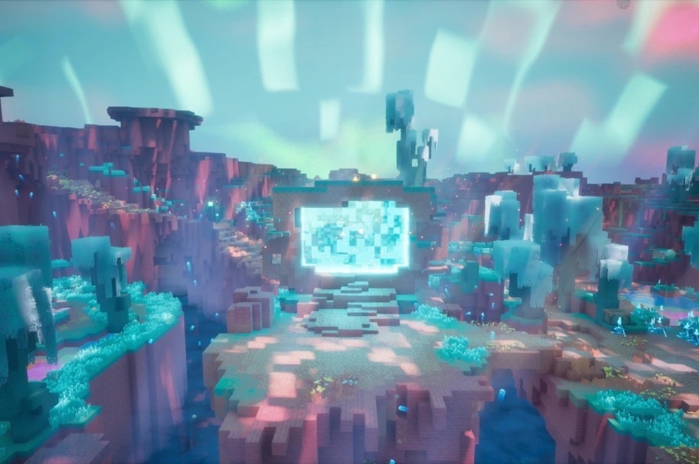 Minecraft zeigt eine leuchtende Portalstruktur in einer farbenfrohen Landschaft mit t&uuml;rkisfarbenen Pflanzen und einem hellen Himmel.