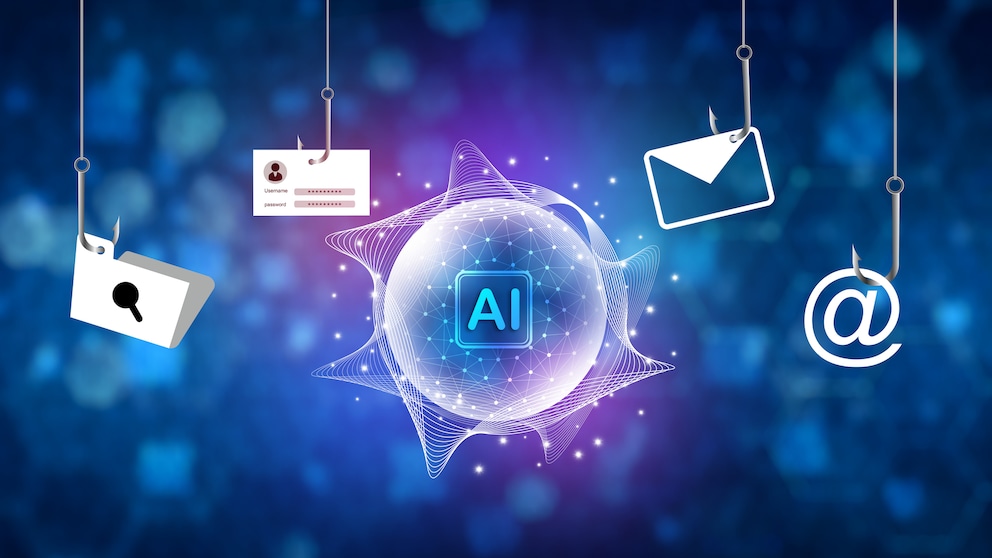 Grafische Darstellung von KI-gestütztem Phishing: In der Mitte ein leuchtendes KI-Symbol, darum E-Mail-, Login- und Suchsymbole an Angelhaken vor blauem Hintergrund