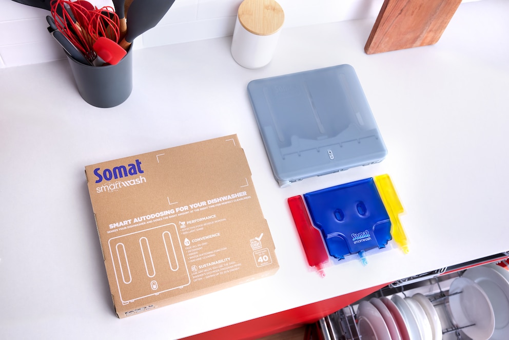 Das Somat Smartwash Test-Kit: Starter-Kit und Nachf&uuml;llkartusche, eingerichtet und verwaltet per App. Foto: Somat Smartwash