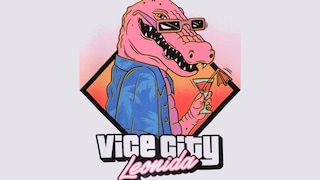 Illustration eines rosa Alligators mit schwarzer Sonnenbrille und geöffnetem Maul. Die Figur trägt ein blaues Hemd und hält ein Cocktailglas mit Schirmchen in einer Hand. Im Hintergrund befindet sich eine rautenförmige Grafik in Rosa-, Orange- und Gelbtönen. Unter der Illustration steht der Schriftzug „Vice City Leonida“.