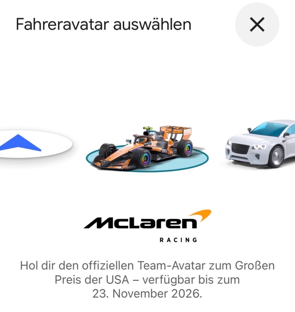 Screenshot of a selection view for driver avatars. At the top is the text 'Select Driver Avatar,' with a button featuring an X symbol on the right. In the center, an orange-black McLaren Formula 1 race car is visible on a marked selection area. To the right, part of the front of a white car is visible, and to the left, a blue navigation arrow icon. Below the race car is the 'McLaren Racing' logo. Below that is the note: 'Get the official team avatar for the United States Grand Prix – available until November 23, 2026.'